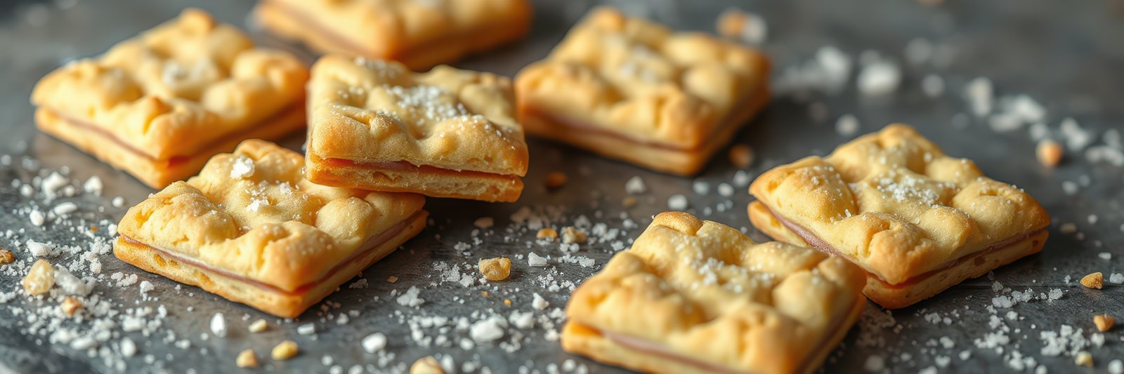 Delicious freshly baked sweet crackers arranged on a grey surface with a sprinkle of sugar for a tempting dessert appeal